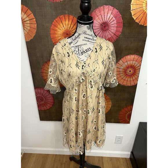 Francesca’s Floral Beige Lace Fit & Flare Dress Romantic Cottagecore Boho Sz L - Picture 1 of 5